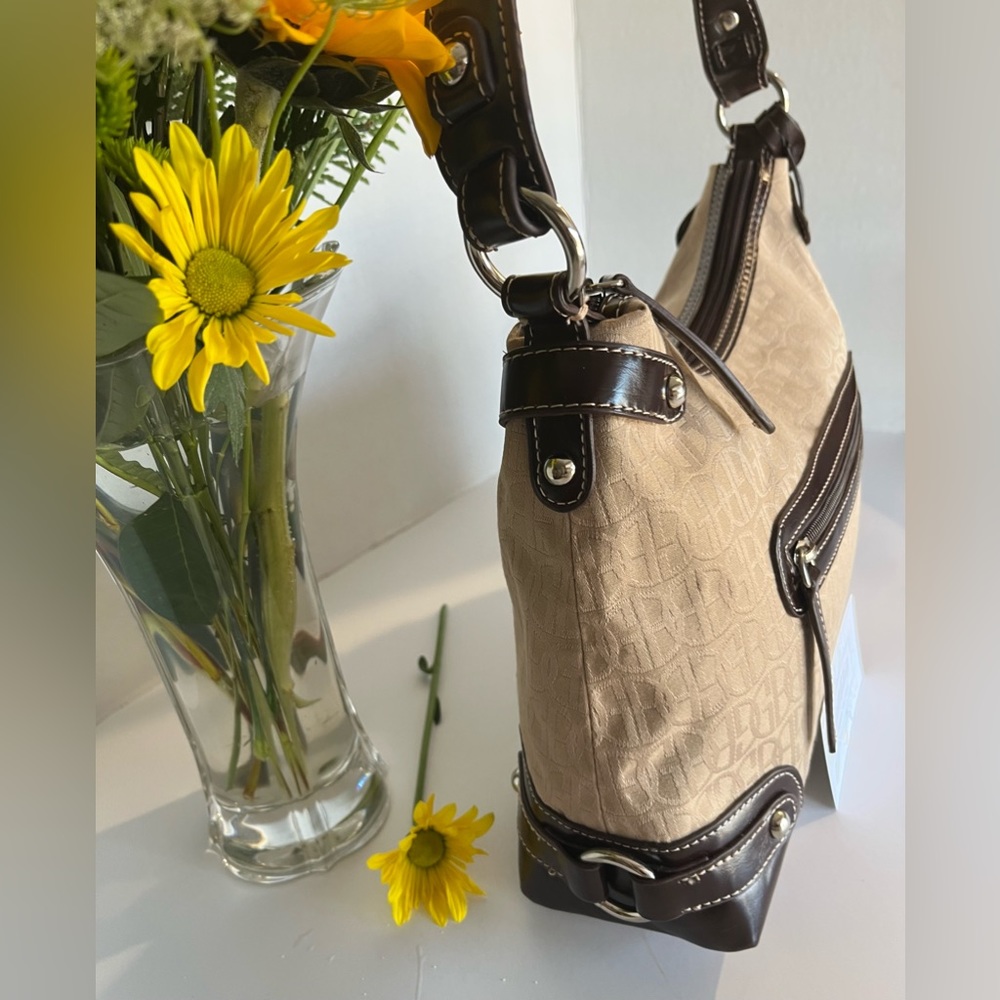 GIANI BERNINI Signature Shoulder Bag Beige Purse Brown Trim Silver Hardware Logo - Picture 7 of 12